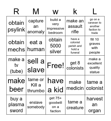 RIMWORLD Bingo Card