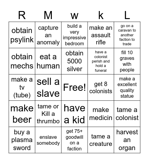 RIMWORLD Bingo Card