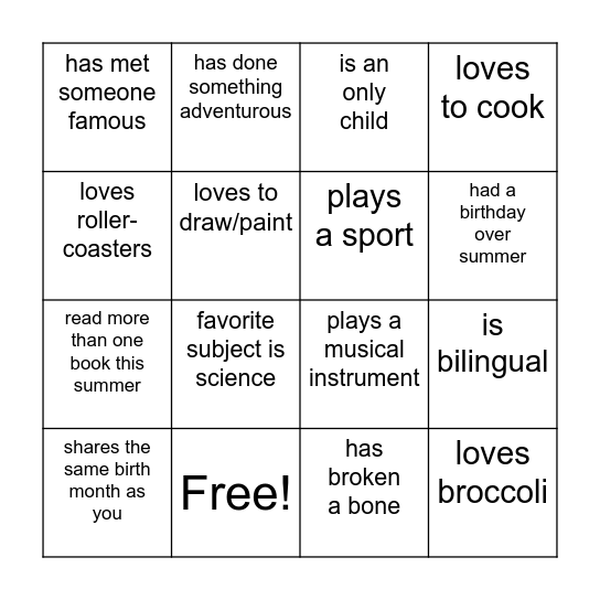 Human Scavenger Hunt Bingo Card