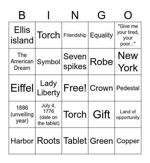Statue of Liberty Bingo Card
