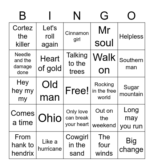 Neil Young live Bingo Card