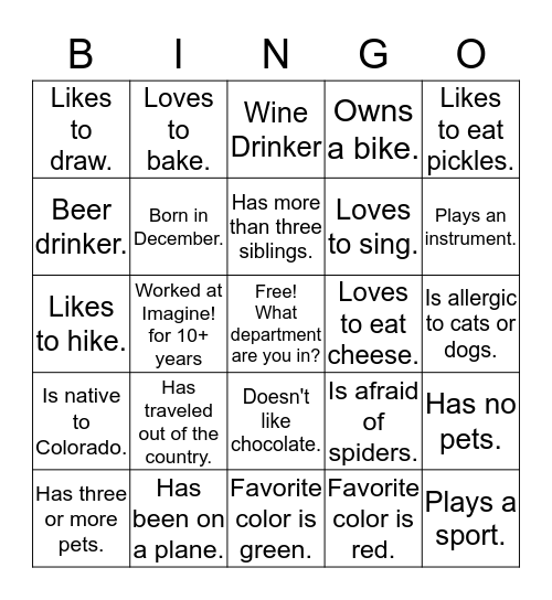 Imagine! Bingo Find someone who...  get 5 in a row, each person can only initial your paper twice.  Bingo Card