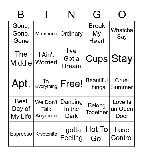 Disney Music Bingo Card