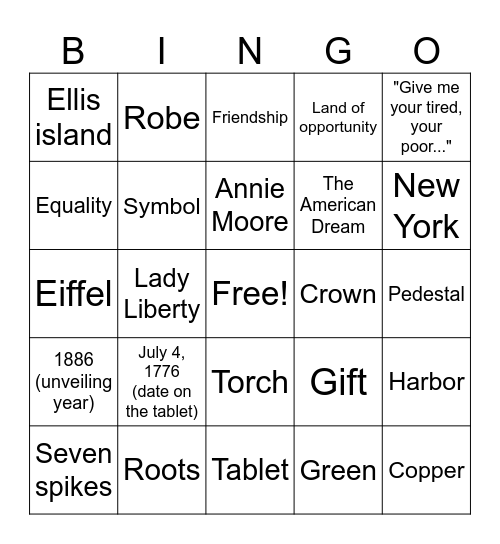 Statue of Liberty Bingo Card