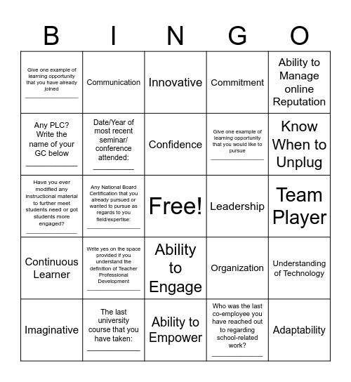 MINHS Bingo Card Bingo Card