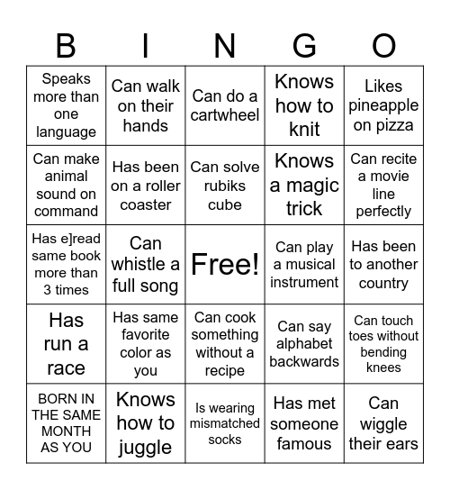 Jump rope camp BINGO Card