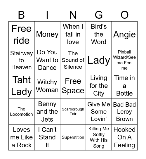 Golden Oldies Bingo Card