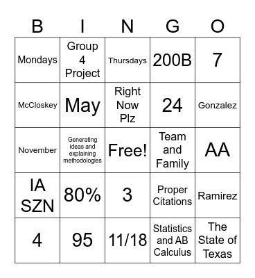 IB Math Syllabus Bingo Card