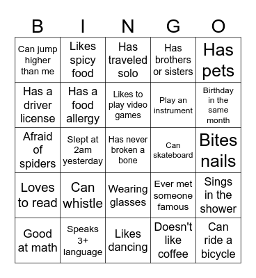Speed Friending Bingo Card
