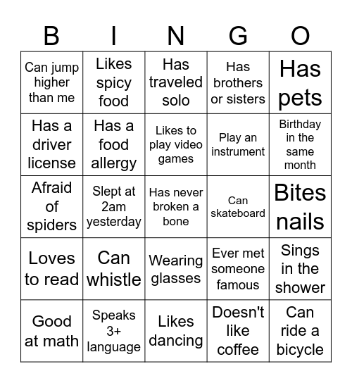 Speed Friending Bingo Card