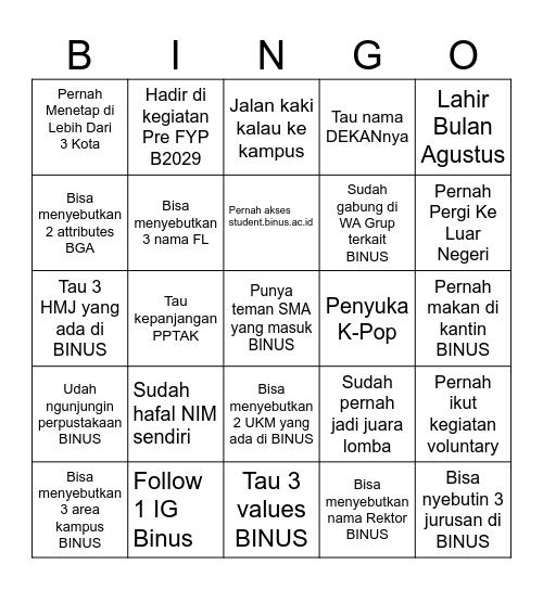 Student Life Bingo Card