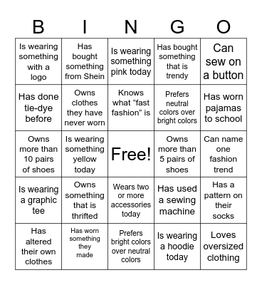 Fashion Bingo Card