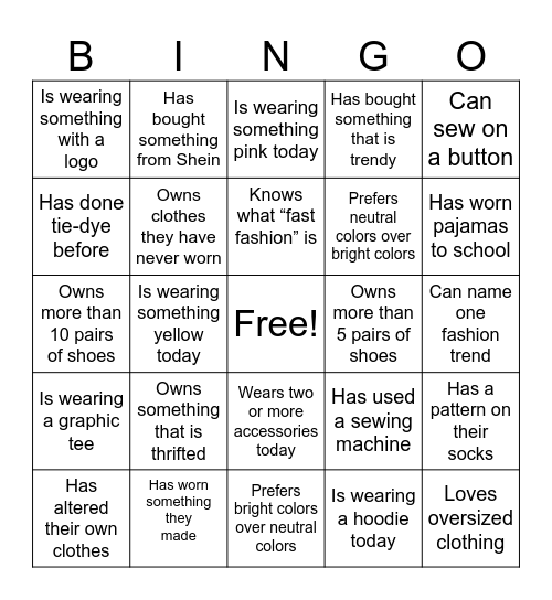 Fashion Bingo Card