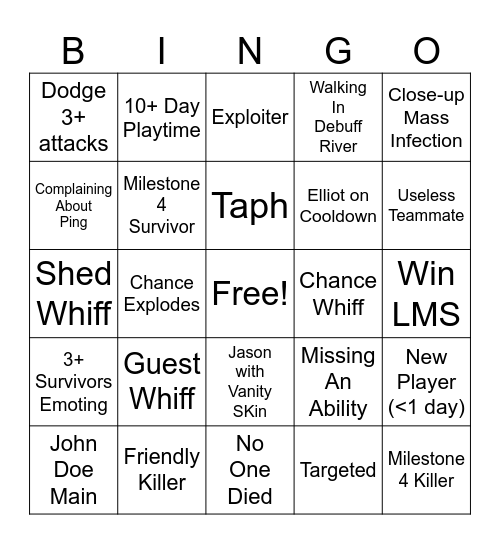Forsaken Bingo Part One Bingo Card
