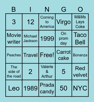 Tiffany Bingo Card