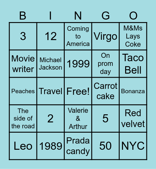 Tiffany Bingo Card