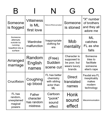 Cdramas/Kdrama Tropes Bingo Card