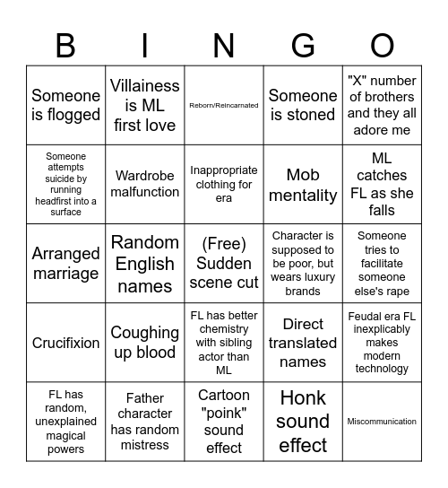 Cdramas/Kdrama Tropes Bingo Card