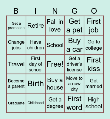 Life Milestones Bingo Card
