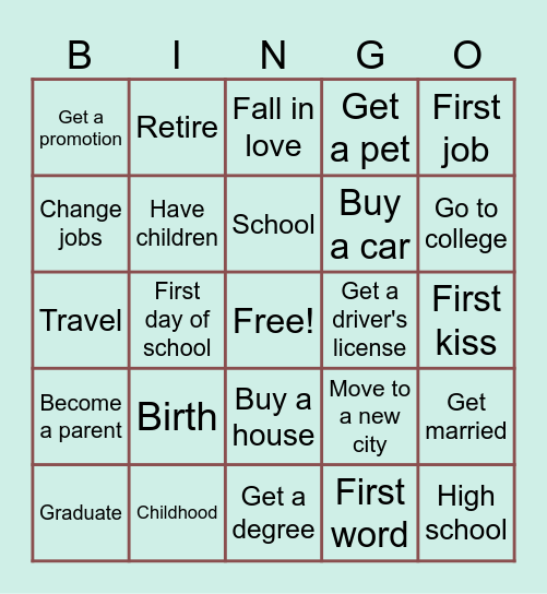 Life Milestones Bingo Card