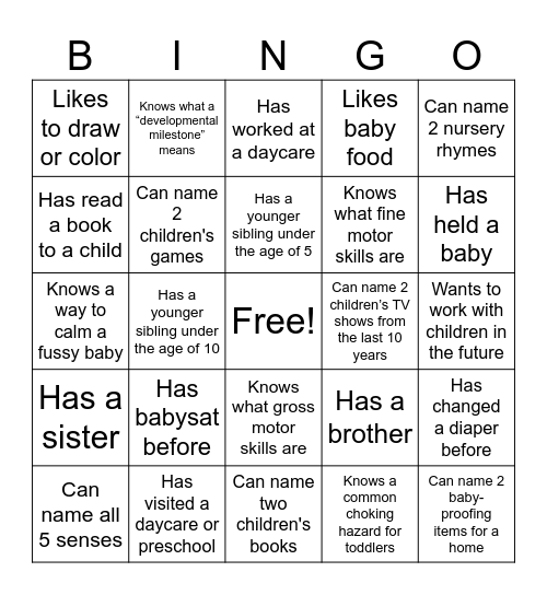 Child Development Bingo Card