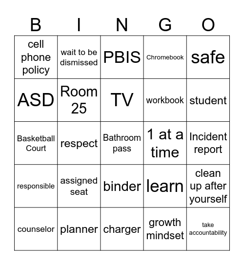 Back to School Bingo Card
