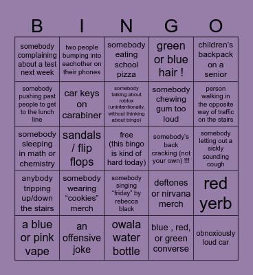 Friday 8/15 Bingo Card