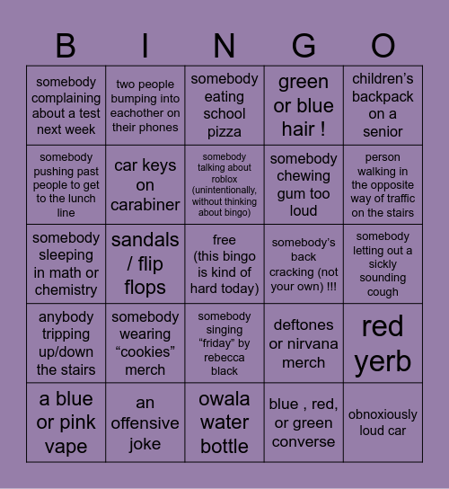 Friday 8/15 Bingo Card