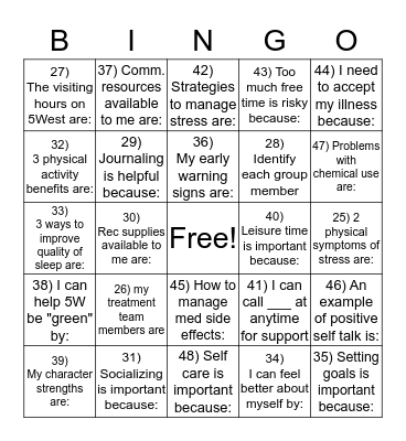 Mental Health Bingo Card