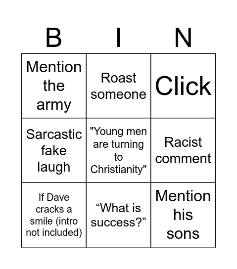 Dave Bingo Card