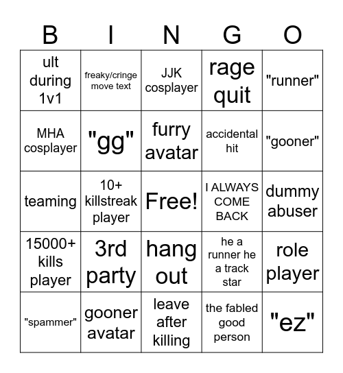 Heros battlegrounds bingo Card