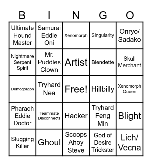DEAD BY DAYLIGHT OOO YEAH BABY Bingo Card