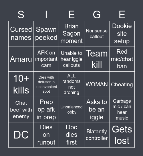 siege randoms bingo Card