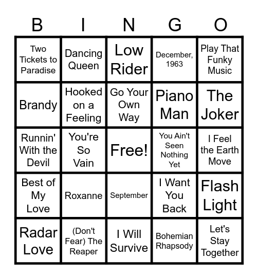 70s Bingo Card