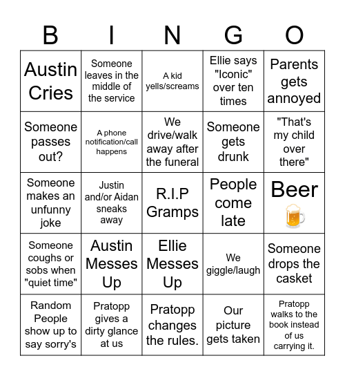 Funeral Bingo Card