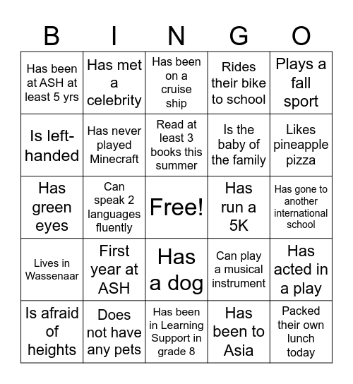 Get to Know You Bingo Card