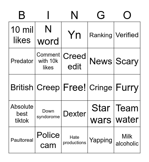 Tiktok Bingo Card