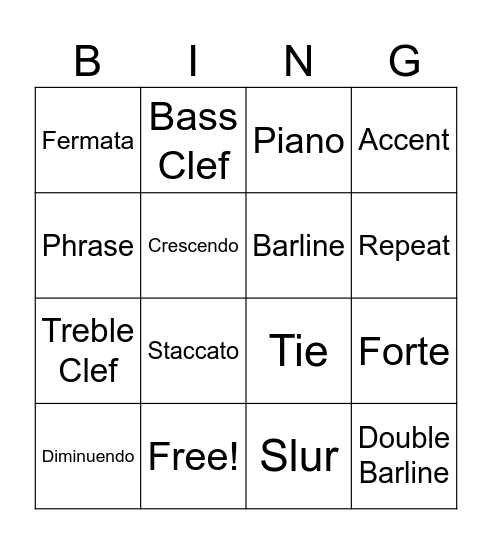 Music 1 Bingo Card