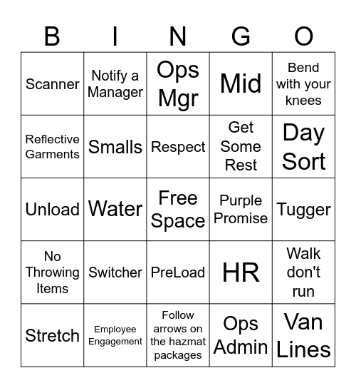 FedEx Ground ZNFW Bingo Card