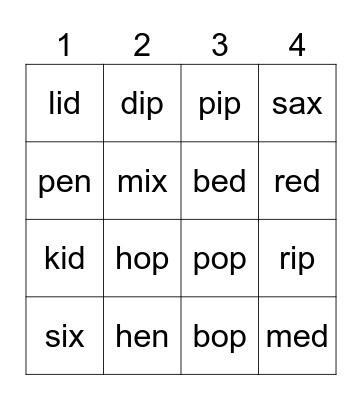HFC CVC Words Bingo Card