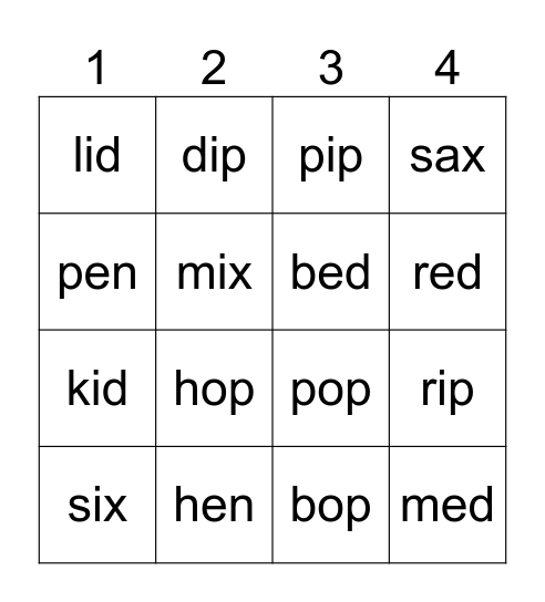 HFC CVC Words Bingo Card
