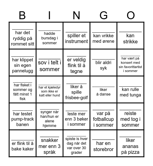 Hvordan var din sommerferie? Bingo Card