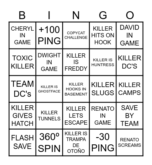 DEAD BY DAYLIGHT Bingo Card