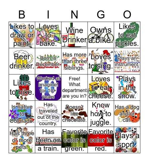 Imagine! Bingo - Find someone who...  get 5 in a row, each person can only initial your paper twice.  Bingo Card