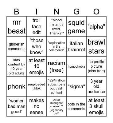 youtube shorts bingo Card
