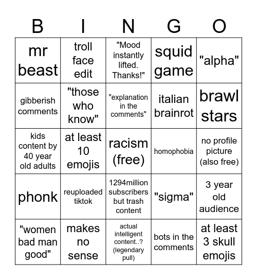 youtube shorts bingo Card