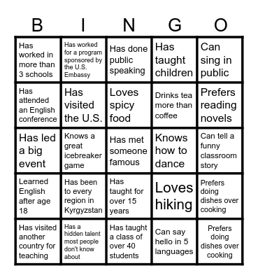 Let's get to know each other Bingo Card