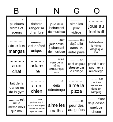Bingo pour faire connaissance avec  ma classe Bingo Card