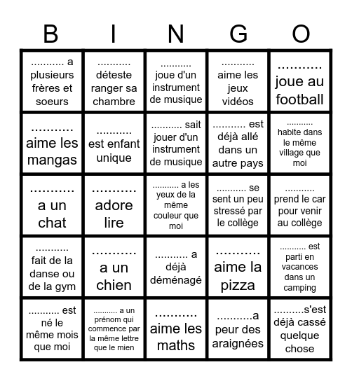 Bingo pour faire connaissance avec  ma classe Bingo Card