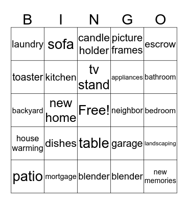 Vicki's Housewarming Bingo Card